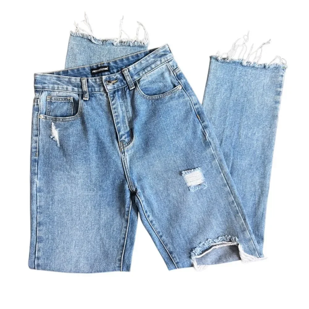 PRETTYLITTLETHING RIPPED LONG LEG STRAIGHT JEANS UK Size 10 US Size 6/28